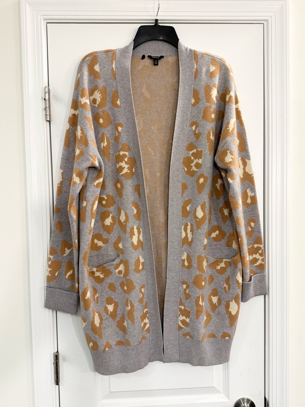 Leopard Print Long Cardigan Women’s L Open Front Knit Cozy Fall